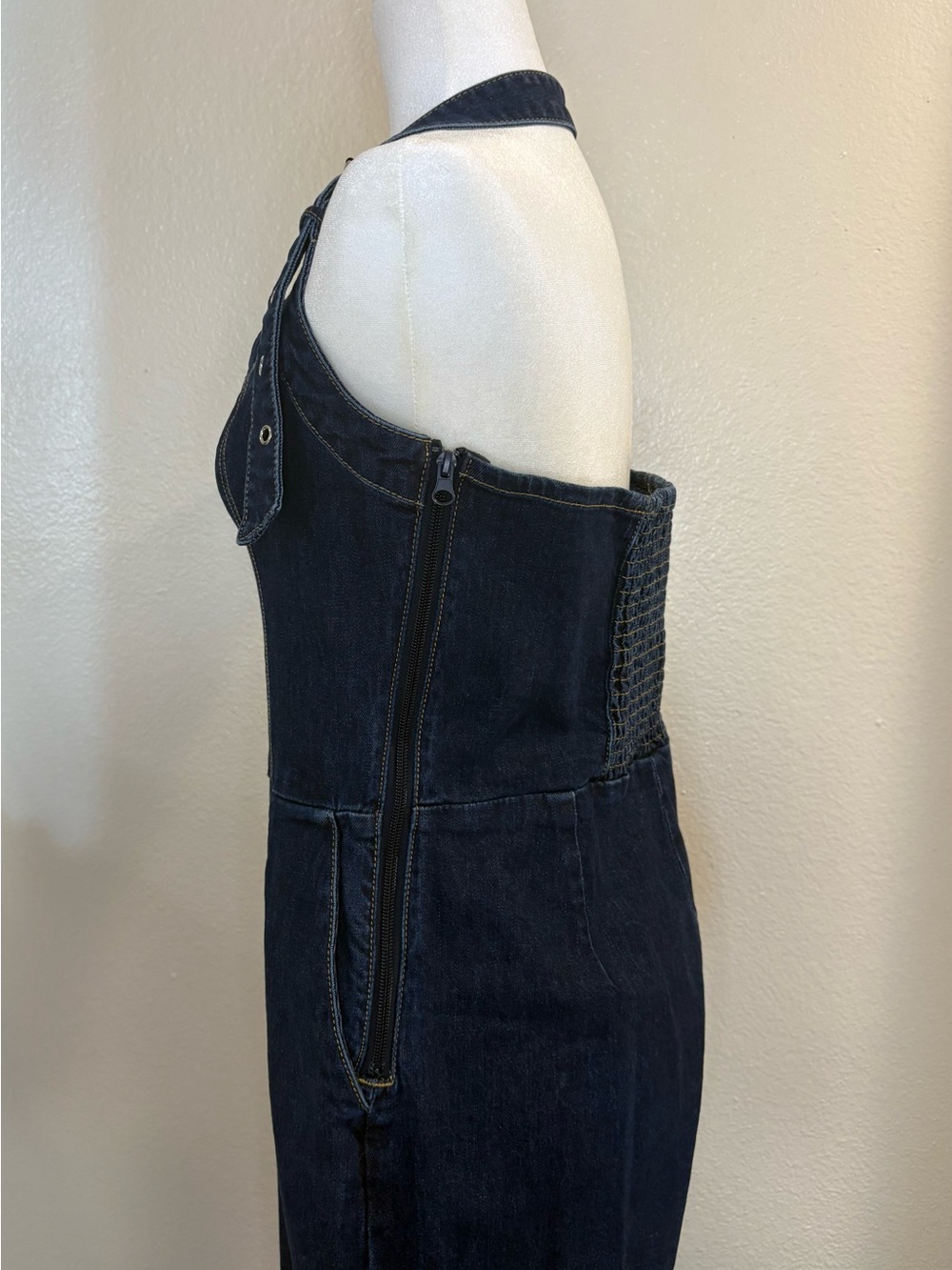 Bebe Halter Neck Buckle Detail Wide Leg Denim Jumpsuit - Picture 9 of 11
